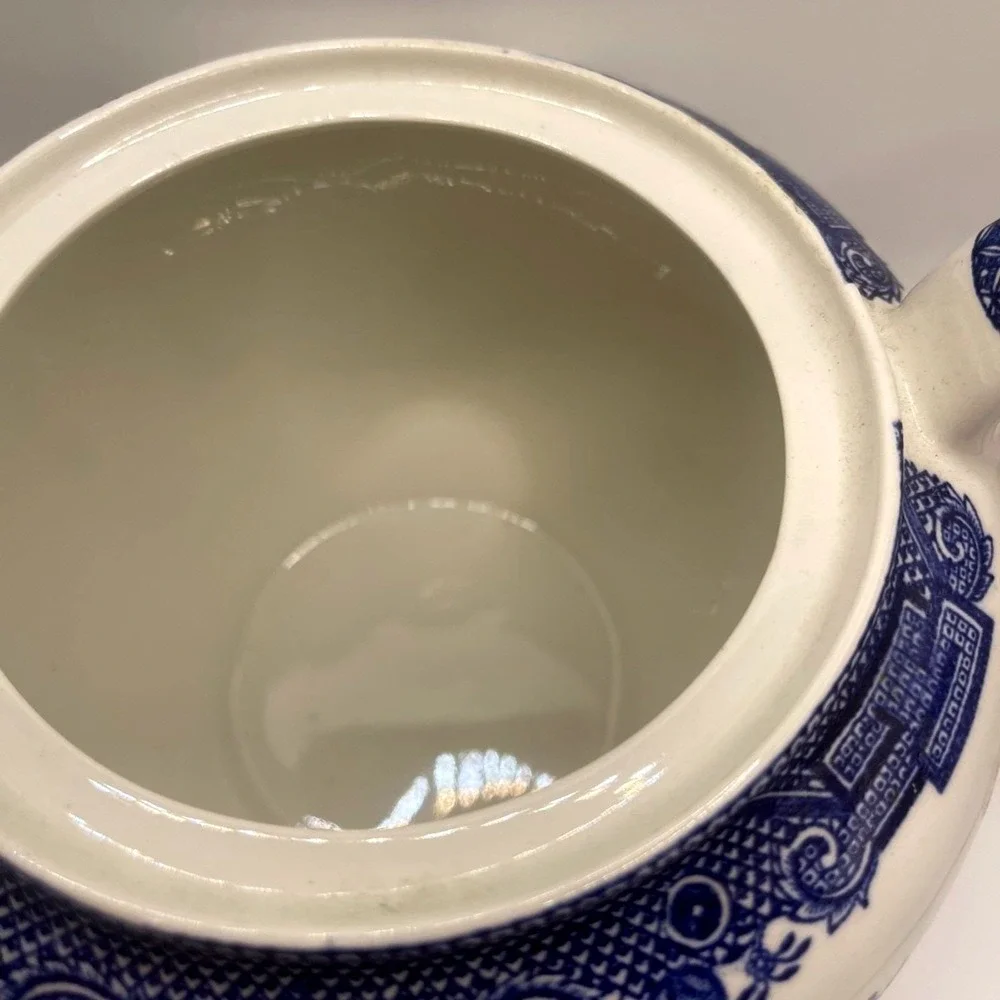 Vintage Blue Willow Teapot Made in England Cobalt Blue White Chinoiserie Ceramic